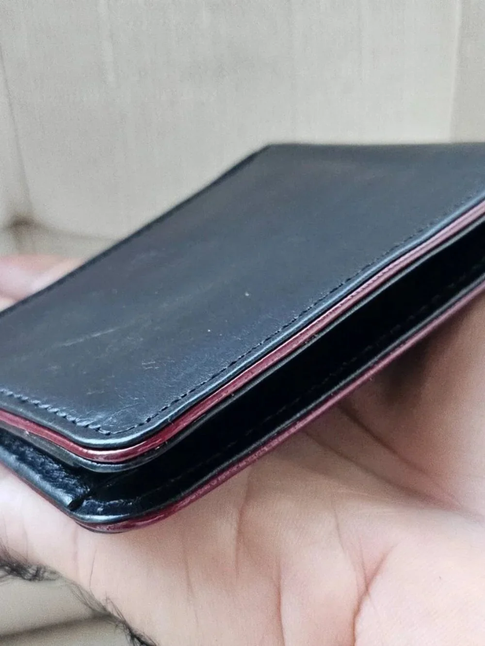 Black Leather Bifold Wallet with Red Trim Billfold Genuine Leather Handmade New